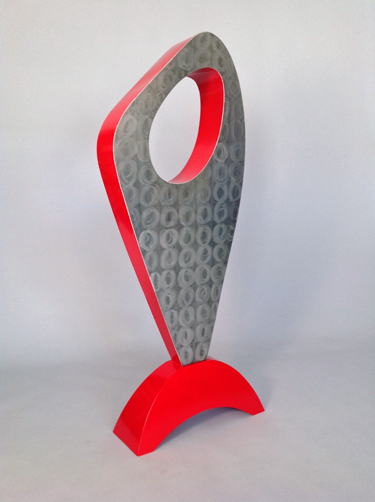 abstract, contemporary, free standing, metal sculpture, stainless steel, enamel paint