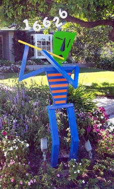 abstract figurative, whimsical, colorful, fluteplayer, outdoor, sculpture, address marker, steel, enamel paints