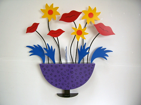 whimsical, abstract, floral, wall mounted, metal sculpture, steel, enamel paints