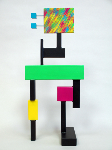 abstract, contemporary, whimsical, colorful, tabletop, sculpture, steel, wood, acrylic paints