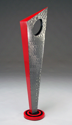 abstract, contemporary, free standing, metal sculpture made of burnished steel and enamel paints