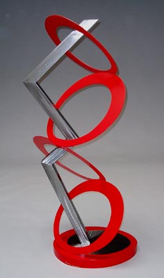 abstract, contemporary, free standing, metal sculpture, burnished steel and enamel paint
