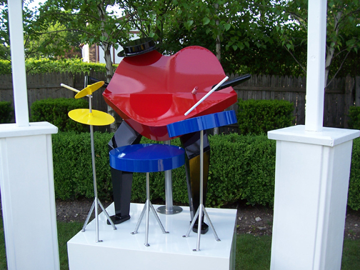 whimiscal, colorful, contemporary, outdoor sculpture, jazz musician, drummer, powder coated steel