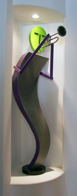 whimsical, abstract figurative, free standing, musician, metal sculpture, made of burnished steel and automotive paints