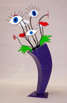 whimsical, abstract, contemporary, floral, sculpture, eyeballs, lips, free standing, indoor outdoor, steel, enamel paints